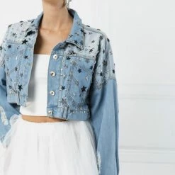 Jessica Bara Adelia Star Distressed Cropped Denim Jacket