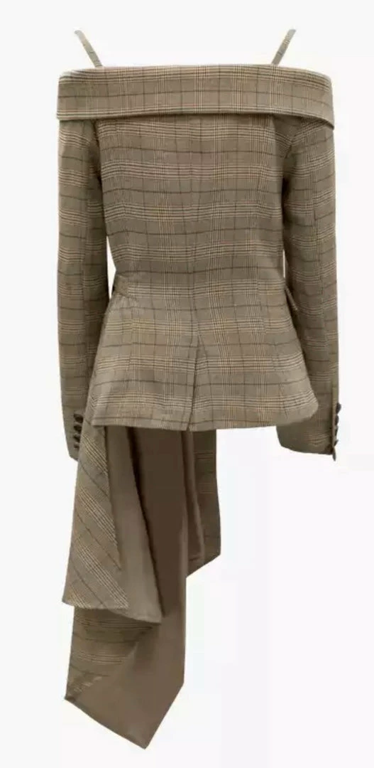 Jessica Bara Alora Plaid Off The Shoulder Asymmetrical Blazer