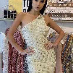 Jessica Bara Adrina One Shoulder Rhinestone Mini Dress Birthday Suit