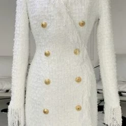 Jessica Bara Maria Tweed Fringe Gold Button Blazer Dress