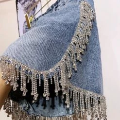 ReveBoutique Jessica Bara Jorjina High Waisted Rhinestone Tassel Denim Shorts