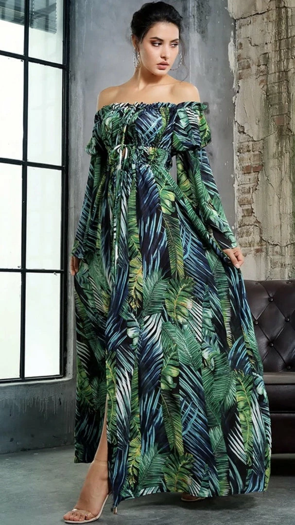 Jessica Bara Trini Palm Tree Off Shoulder Maxi Dress