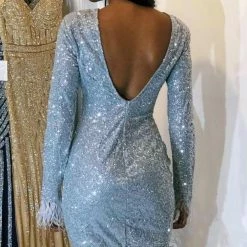 Jessica Bara Cara Long Sleeve Glitter Feather Dress Best Sellers