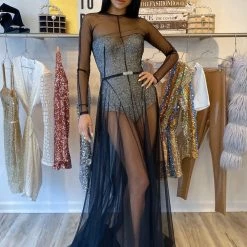 Jovani Long Sleeve Sheer Rhinestone Bodysuit Gown