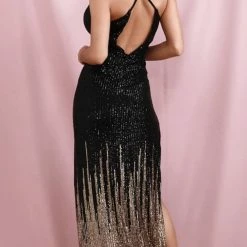 Jessica Bara Perla V Neck Gradient Sequin Open Back Gown