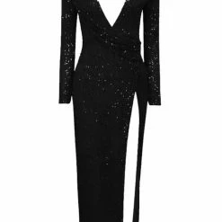 Jessica Bara Abela Long Sleeve Sequin V Neck Gown