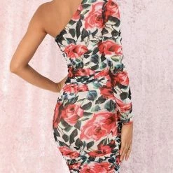 Jessica Bara Alexia One Shoulder Floral Bodycon Midi Dress