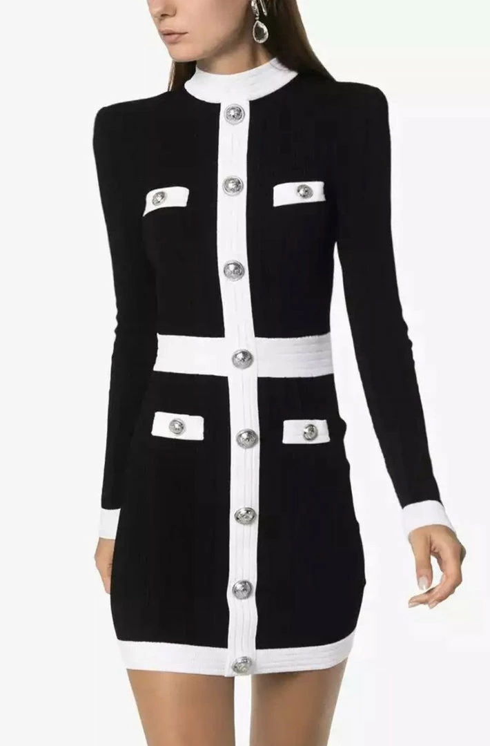 Jessica Bara Lorelle Silver Buttton High Neck Mini Dress