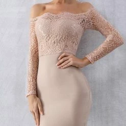 Birthday Suit Jessica Bara Finley Off The Shoulder Lace Bandage Midi Dress
