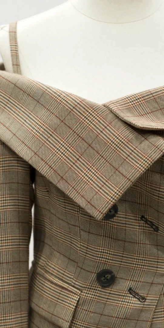 Jessica Bara Alora Plaid Off The Shoulder Asymmetrical Blazer