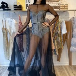 Jovani Long Sleeve Sheer Rhinestone Bodysuit Gown