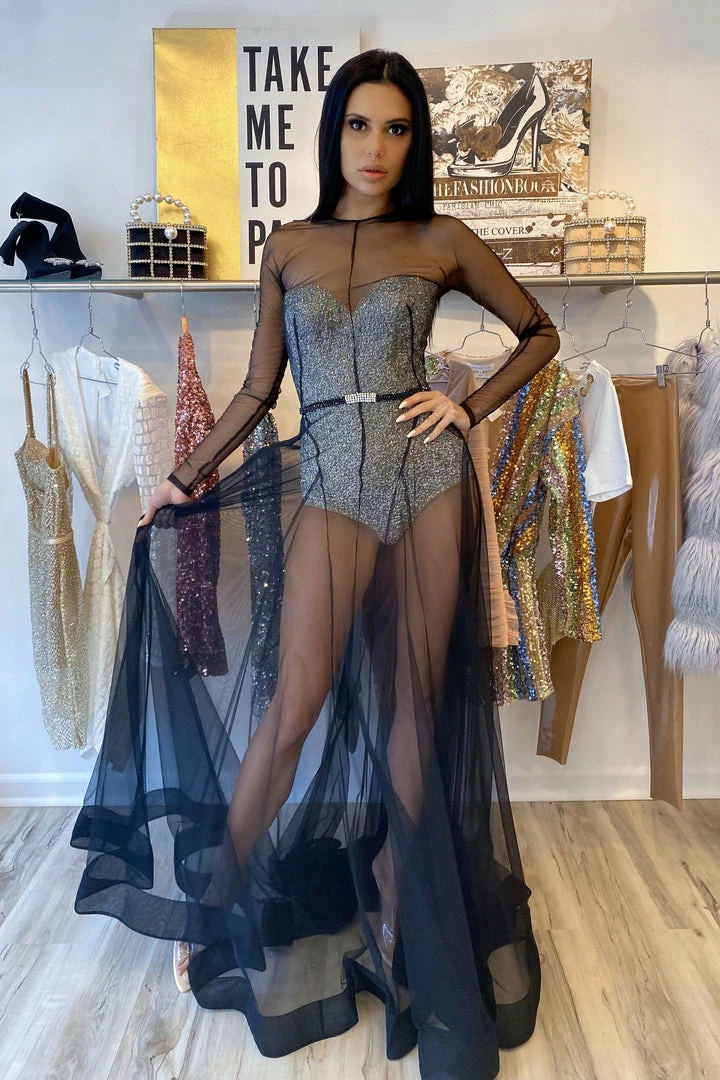 Jovani Long Sleeve Sheer Rhinestone Bodysuit Gown