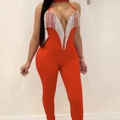 Jessica Bara Sofia Choker Rhinestone Fringe Jumpsuit