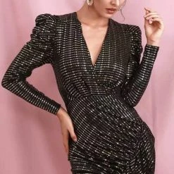 Jessica Bara Lauren Long Sleeve Glitter Mini Dress