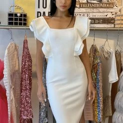 Jessica Bara Luella Ruffle Shoulder Bodycon Dress Birthday Suit