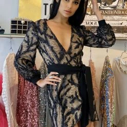 Jessica Bara Madyson Long Sleeve Glitter Belted Mini Dress