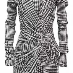 Jessica Bara Kimia Puff Sleeve Houndstooth Belted Mini Dress Birthday Suit