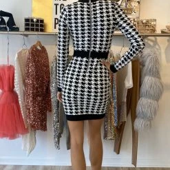 Jessica Bara Alma Long Sleeve Houndstooth Dress