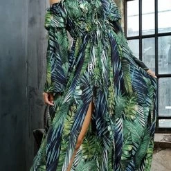 Jessica Bara Trini Palm Tree Off Shoulder Maxi Dress