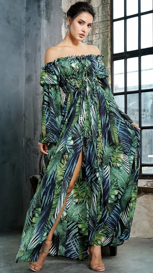 Jessica Bara Trini Palm Tree Off Shoulder Maxi Dress