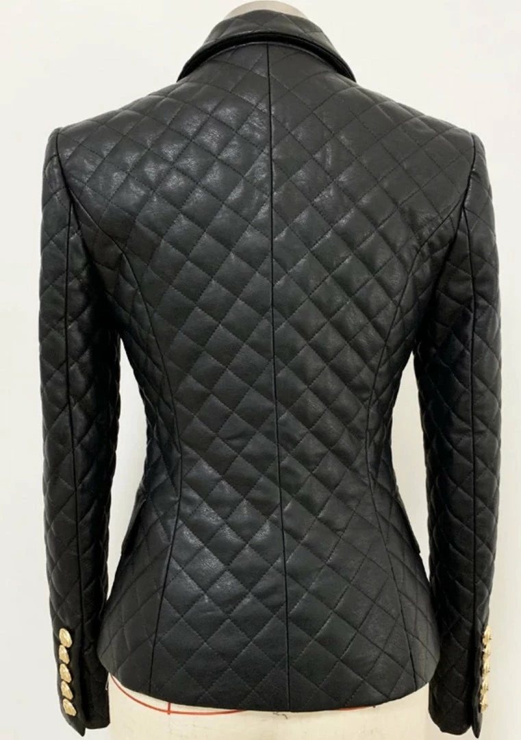 Jessica Bara Lillie Double Breasted Quilted Gold Button Blazer