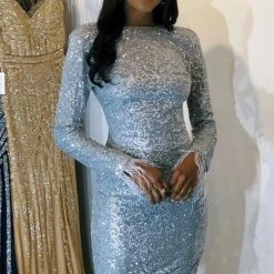 Jessica Bara Cara Long Sleeve Glitter Feather Dress Best Sellers