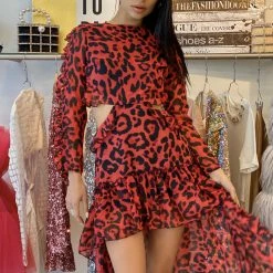 Influencer Style Jessica Bara Lynn Leopard Cut-Out Hi-Lo Long Sleeve Dress