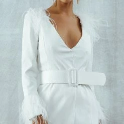 Birthday Suit Jessica Bara Anelle Deep V-Neck Belted Feather Jacket Dress