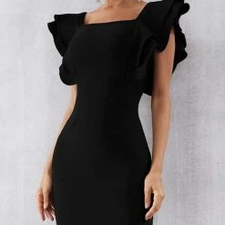 Jessica Bara Luella Ruffle Shoulder Bodycon Dress Birthday Suit