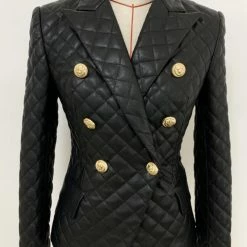 Jessica Bara Lillie Double Breasted Quilted Gold Button Blazer