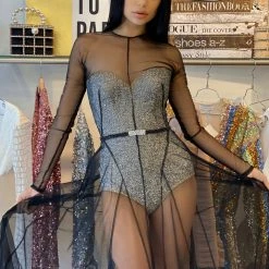 Jovani Long Sleeve Sheer Rhinestone Bodysuit Gown