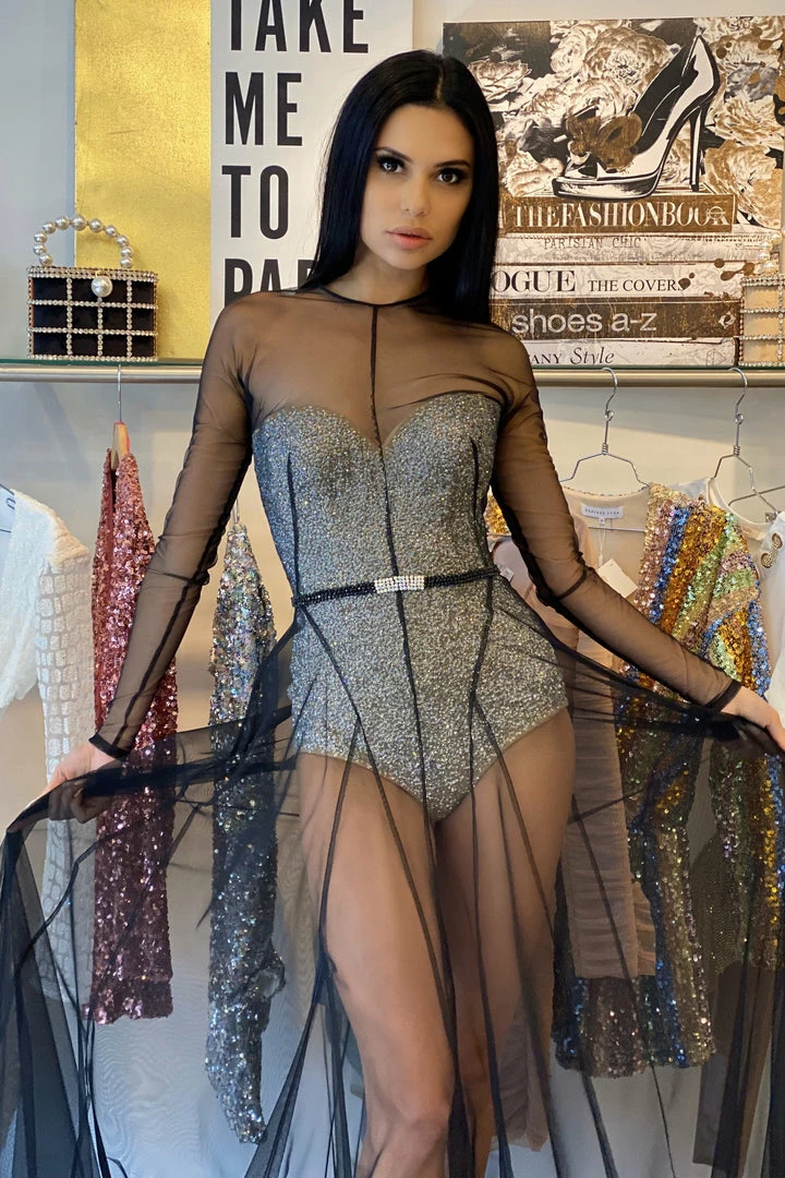 Jovani Long Sleeve Sheer Rhinestone Bodysuit Gown