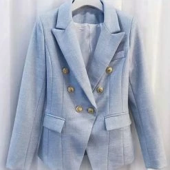 Jessica Bara Donatella Light Blue Gold Button Blazer Best Sellers