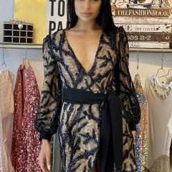 Jessica Bara Madyson Long Sleeve Glitter Belted Mini Dress