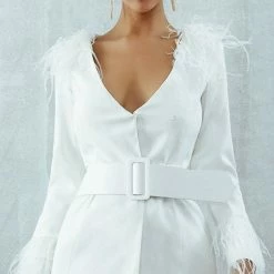 Birthday Suit Jessica Bara Anelle Deep V-Neck Belted Feather Jacket Dress