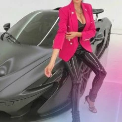 Influencer Style Jessica Bara Luisa Raspberry Gold Button Blazer