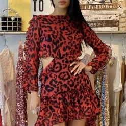 Influencer Style Jessica Bara Lynn Leopard Cut-Out Hi-Lo Long Sleeve Dress
