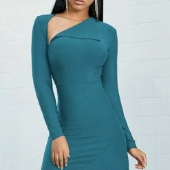Jessica Bara Reagen Long Sleeve Asymmetrical Bandage Dress