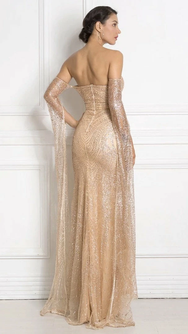 Jessica Bara Noa Strapless Oversized Sleeve Glitter Gown