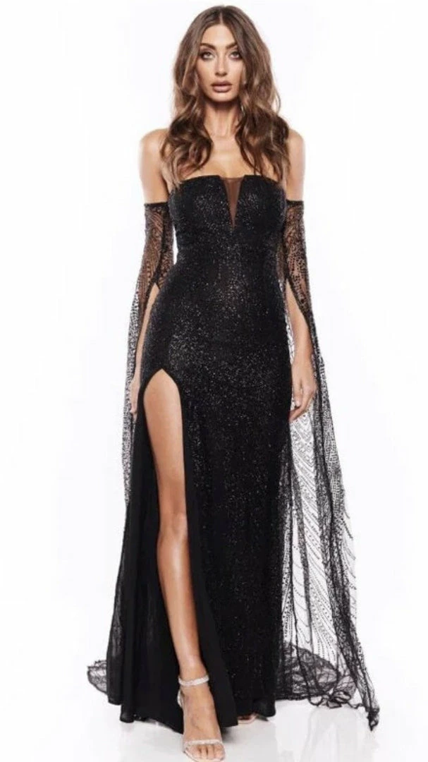 Jessica Bara Noa Strapless Oversized Sleeve Glitter Gown
