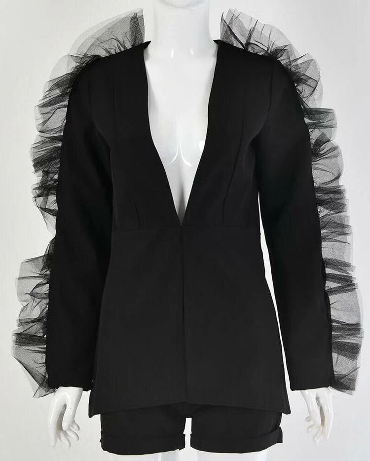 Influencer Style Jessica Bara Vance Mesh Ruffle Sleeve Blazer And Short Set