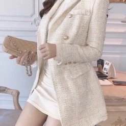 Influencer Style Jessica Bara Amara Tweed Double Breasted Gold Button Blazer Dress