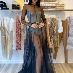 Jovani Long Sleeve Sheer Rhinestone Bodysuit Gown