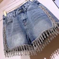ReveBoutique Jessica Bara Jorjina High Waisted Rhinestone Tassel Denim Shorts