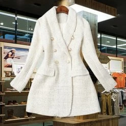 Influencer Style Jessica Bara Amara Tweed Double Breasted Gold Button Blazer Dress