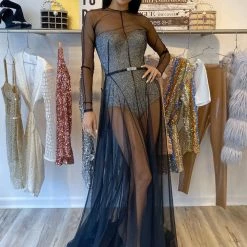 Jovani Long Sleeve Sheer Rhinestone Bodysuit Gown
