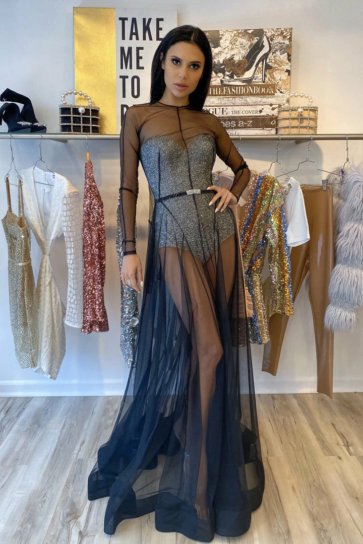 Jovani Long Sleeve Sheer Rhinestone Bodysuit Gown