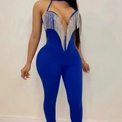 Jessica Bara Sofia Choker Rhinestone Fringe Jumpsuit