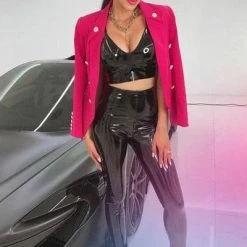 Influencer Style Commando Faux Patent Leather Long Line Bralette