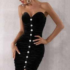 Best Sellers Jessica Bara Vivian Velvet Strapless Button Dress